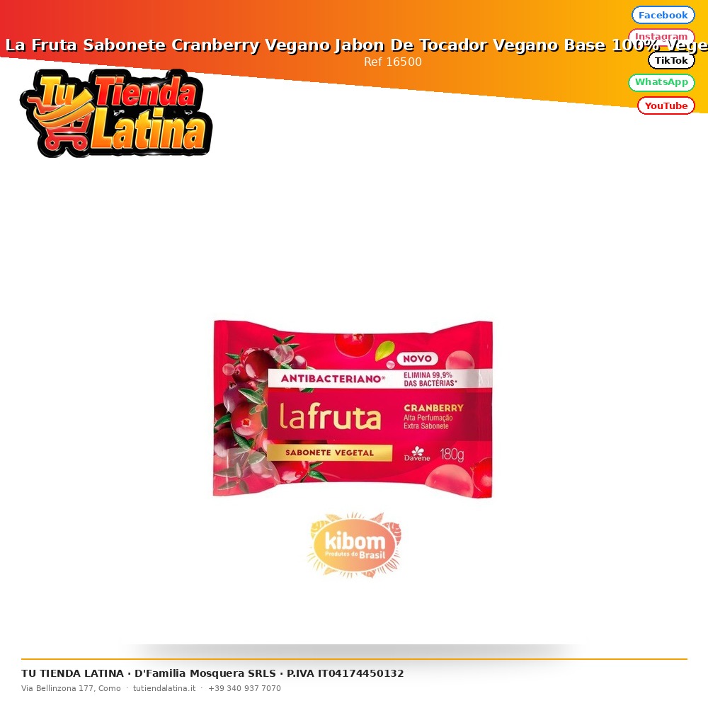 La Fruta Sabonete Cranberry Vegan Vegan Toilet Soap 100% Vegetable Base 180g