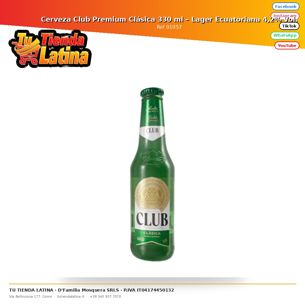 Birra Club Premium Classica 330 ml – Lager Ecuadoriana 4,2% Vol.