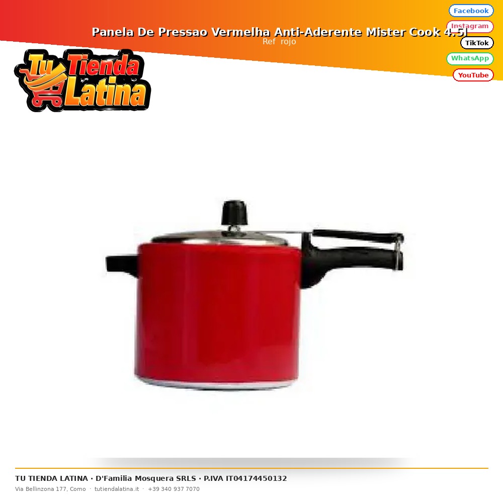 Pentola a Pressione Antiaderente Rossa Mister Cook 4,5L