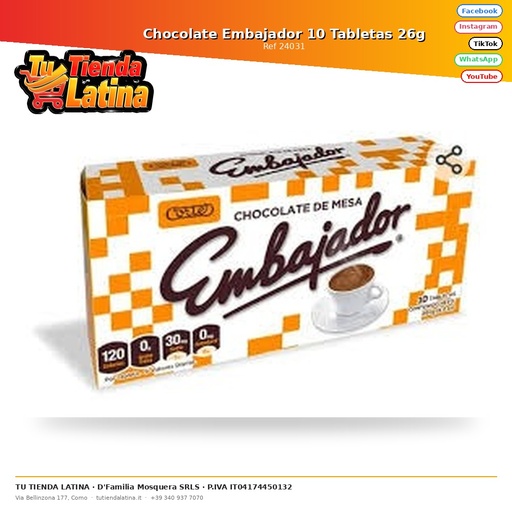 [24031] Ambasciatore Cioccolato 10 Compresse 26g