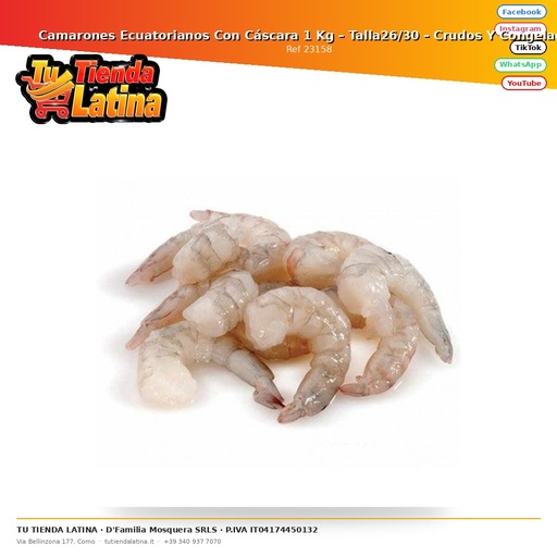 [23158] ​Ecuadorian Shell Shrimp 1 Kg – Size 26/30 – Raw and Frozen